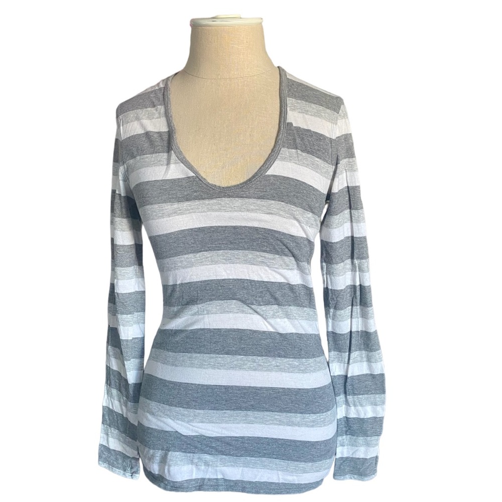 [Banana Republic] Gray Stripped Cotton Tee with Long Sleeves